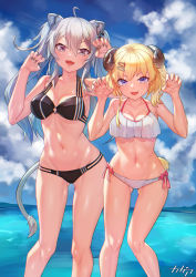 Rule 34 | 2girls, :d, ahoge, animal ears, arm up, armpits, arpeggio kaga, bare arms, bare shoulders, bikini, black bikini, blonde hair, blue eyes, breasts, claw pose, cleavage, cloud, curled horns, day, fang, feet out of frame, gluteal fold, groin, hair between eyes, halterneck, hands up, highres, hololive, horns, lion ears, lion girl, lion tail, long hair, medium breasts, multi-strapped bikini, multiple girls, navel, open mouth, outdoors, purple eyes, sheep horns, shishiro botan, side-tie bikini bottom, silver hair, smile, standing, stomach, string bikini, swimsuit, tail, thighs, tsunomaki watame, two side up, v-shaped eyebrows, virtual youtuber, wet, white bikini