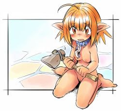 Rule 34 | 1girl, ahoge, animal collar, axe, barefoot, blush, breasts, caveman, cavewoman, chain, collar, dot nose, feet, full body, looking at viewer, matching hair/eyes, nipples, nude, orange eyes, orange hair, original, outside border, oyatsu (mk2), pointy ears, pussy, short hair, sitting, sketch, small breasts, solo, stone axe, toes, wariza, weapon