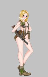 Rule 34 | 1girl, absurdres, ankle boots, black bra, black panties, blonde hair, blue eyes, blush, boots, bra, breasts, brown footwear, carrying, cleavage, clenched hand, commentary, cross-laced footwear, english commentary, frown, full body, german army, glaring, gloves, green gloves, grey background, grimace, gun, hand on own hip, harness, heel up, highres, looking at viewer, machine gun, medium breasts, medium hair, mp28, original, panties, simple background, solo, standing, steam, submachine gun, underwear, weapon, weapon request, world war ii, yellow chease