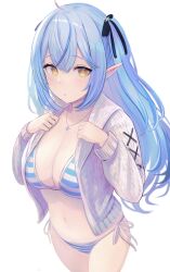Rule 34 | 1girl, ahoge, bikini, bikini under clothes, blue hair, blue ribbon, blue stripes, breasts, cleavage, clothes grab, cowboy shot, dot mouth, enumiyaa, expressionless, eyelashes, hair between eyes, hair ribbon, hands up, highres, hololive, jewelry, large breasts, long hair, long sleeves, looking at viewer, navel, necklace, open sweater, pointy ears, ribbon, side-tie bikini bottom, simple background, solo, striped bikini, striped clothes, sweater, swimsuit, two side up, virtual youtuber, white background, white stripes, white sweater, yellow eyes, yukihana lamy