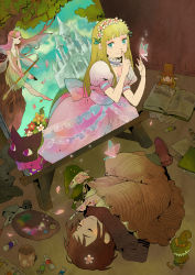 Rule 34 | 2girls, 3boys, art brush, bad id, bad pixiv id, blonde hair, book, brown hair, bug, butterfly, castle, cat, closed eyes, dreaming, easel, elf, fairy, flower, highres, insect, kotetsu (popeethe), multiple boys, multiple girls, original, paintbrush, palette (object), pointy ears, size difference, sleeping, through medium, through painting, wings