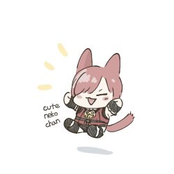 Rule 34 | 1boy, animal ears, blush stickers, cat boy, cat ears, cat tail, chibi, closed eyes, english text, final fantasy, final fantasy xiv, full body, g&#039;raha tia, jumping, kinmoku sei3, open mouth, red hair, red shirt, shirt, simple background, smile, solo, tail, triangle mouth, white background