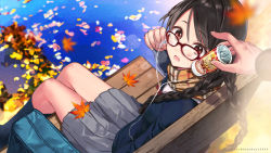 Rule 34 | 1girl, autumn leaves, bag, bench, black hair, black socks, blazer, blue jacket, blurry, braid, brown scarf, can, canned coffee, commentary request, depth of field, drink can, earphones, from above, glasses, grey skirt, hanekoto, holding, jacket, kneehighs, leaf, long hair, looking at viewer, looking up, maple leaf, open mouth, original, pleated skirt, red-framed eyewear, red eyes, scarf, school bag, school uniform, sitting, skirt, socks, solo, sweat, thighs, twin braids, twintails, watermark