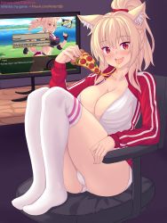 Rule 34 | 1girl, animal, animal ears, artist name, ass, blonde hair, breasts, cameltoe, cat ears, cat girl, cat tail, chair, cheese, cleavage, fingerless gloves, food, full body, game cg, gloves, highres, holding, holding food, jacket, kneehighs, knees up, large breasts, looking at viewer, monitor, navel, no shoes, nottytiffy, office chair, open mouth, original, patreon username, pizza, pizza slice, pointy ears, red eyes, running, shorts, sitting, socks, solo, sports bra, striped clothes, striped jacket, swivel chair, table, tail, teeth, thighs, tiffy (nottytiffy), tongue, upper teeth only, watermark, web address, white shorts, white socks