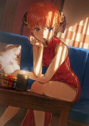 1girl bare_shoulders blue_eyes bun_cover china_dress chinese_clothes commentary_request couch cup double_bun dress dutch_angle fagi_(kakikaki) gintama hair_bun hand_on_own_cheek hand_on_own_face indoors kagura_(gintama) leaning_forward light_rays looking_to_the_side mandarin_collar orange_hair pillow red_dress sitting solo steam sunbeam sunlight table thighs translation_request wooden_table