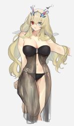 Rule 34 | 1girl, bare shoulders, bikini, black bikini, blonde hair, blue eyes, breasts, cleavage, collarbone, barghest (fate), fate/grand order, fate (series), grey background, heterochromia, highres, horns, jewelry, large breasts, long hair, low twintails, navel, necklace, red eyes, see-through, simple background, solo, swimsuit, tan (inka), thighs, twintails