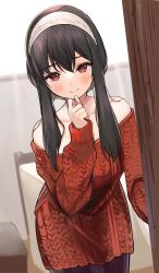 Rule 34 | 1girl, bare shoulders, black hair, blush, doorway, earrings, hairband, half-closed eyes, hand on own chin, jewelry, leaning forward, looking at viewer, off-shoulder sweater, off shoulder, open door, pantyhose, pov doorway, red eyes, ry thae, sidelocks, smile, spy x family, sweater, white hairband, yor briar