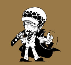 Rule 34 | 1boy, beard, blacknirrow, brown background, cape, chest tattoo, chibi, closed mouth, collared shirt, facial hair, full body, half-closed eyes, hands up, happy, hat, holding, holding weapon, long sleeves, looking at viewer, male focus, monochrome, one piece, open clothes, open shirt, over shoulder, pants, shaded face, shirt, shoes, short hair, simple background, sketch, smile, solo, standing, tattoo, telekinesis, trafalgar law, weapon, weapon over shoulder