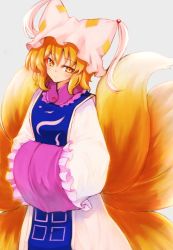 Rule 34 | 1girl, animal ears, animal hat, blonde hair, closed mouth, dress, fox ears, fox tail, frown, grey background, hands in opposite sleeves, hat, head tilt, highres, long dress, long sleeves, looking at viewer, mob cap, multiple tails, short hair, simple background, solo, standing, tabard, tail, tassel, touhou, umxzo, white dress, white hat, wide sleeves, yakumo ran, yellow eyes