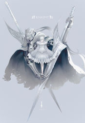 Rule 34 | 1girl, armor, artist name, blindfold, breastplate, cape, commentary, dress, facing viewer, flower, frilled dress, frills, fur collar, gauntlets, grey background, grey dress, hair flower, hair ornament, helm, helmet, highres, holding, holding lance, holding polearm, holding weapon, knight, lance, long hair, long sleeves, looking at viewer, marumoru, original, pauldrons, polearm, puffy long sleeves, puffy sleeves, shoulder armor, silver hair, simple background, sleeves past fingers, sleeves past wrists, solo, standing, symbol-only commentary, torn cape, torn clothes, weapon, white cape, white flower, white theme