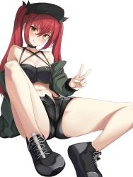 Rule 34 | 1girl, :p, absurdres, arm behind back, ass, bad id, bad pixiv id, bare shoulders, breasts, commission, crop top, full body, gluteal fold, green jacket, hair between eyes, hair ornament, hat, highres, jacket, knees out of frame, long sleeves, midriff, navel, off shoulder, original, pharamacom, red hair, shoes, short shorts, shorts, sidelocks, simple background, sitting, sneakers, solo, spread legs, tongue, tongue out, twintails, unzipped, v, white background, yellow eyes