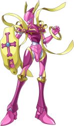 Rule 34 | 1boy, absurdres, armor, bandai, digimon, digimon (creature), digimon new century, full armor, highres, knight, lordknightmon, monster, no humans, official art, pauldrons, pink armor, royal knights, shield, shoulder armor, simple background, solo