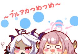 Rule 34 | 2girls, absurdres, ahoge, aru (blue archive), blue archive, blush stickers, chibi, closed mouth, hair ornament, hairclip, halo, hand up, highres, hina (blue archive), horns, kurukurumagical, multiple girls, open mouth, parted bangs, purple eyes, shaded face, sweat, translation request, v-shaped eyebrows, white background, white hair