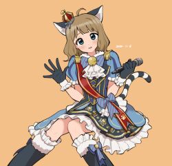 Rule 34 | 1girl, ahoge, animal ear fluff, animal ears, ascot, bell, black footwear, black gloves, blue bow, blue bowtie, blue dress, blue eyes, blue ribbon, blush, boots, bow, bowtie, breasts, brown background, brown hair, cat ears, cat tail, crown, dated, dot nose, dress, epaulettes, fake animal ears, fake tail, footwear ribbon, frilled dress, frills, fur-trimmed boots, fur trim, gloves, hands up, highres, holding, holding microphone, idolmaster, idolmaster million live!, idolmaster million live! theater days, invisible chair, jingle bell, knees together feet apart, looking at viewer, microphone, mini crown, neck bell, open hand, open mouth, red sash, ribbon, sash, short hair, short sleeves, simple background, sitting, small breasts, smile, solo, striped bow, striped bowtie, striped clothes, striped ribbon, suou momoko, tail, tarako oniyon, white ascot