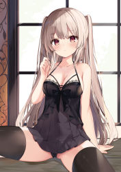 Rule 34 | 1girl, absurdres, bare arms, bare shoulders, black panties, black thighhighs, breasts, chemise, cleavage, collarbone, commentary request, frown, fuyuki030, grey hair, halterneck, hand up, highres, lingerie, long hair, looking at viewer, medium breasts, original, panties, panty peek, red eyes, sitting, solo, spaghetti strap, spread legs, thighhighs, thighs, two side up, underwear, underwear only, very long hair