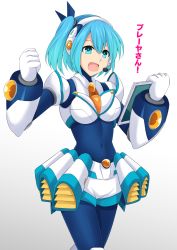 Rule 34 | 1girl, android, armor, blue bodysuit, blue eyes, blue hair, bodysuit, breasts, clenched hand, commentary request, covered navel, cross (crossryou), eyebrows hidden by hair, gloves, groin, hair between eyes, headset, highres, holding, holding tablet pc, large breasts, mega man (series), mega man x (series), mega man x dive, navigator, open mouth, rico (mega man), short hair, short shorts, shorts, side ponytail, sidelocks, simple background, skin tight, solo, tablet pc, translated, white armor, white background, white gloves, white shorts