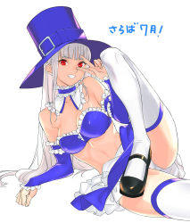 Rule 34 | 1girl, alternate costume, black footwear, bra, breasts, capcom fighting jam, choker, cleavage, commentary request, detached collar, detached sleeves, fang, frilled choker, frilled skirt, frills, grin, hat, highres, ingrid (capcom), leg up, long hair, looking at viewer, lying, mary janes, medium breasts, midriff, on side, panties, pantyshot, project x zone 2, purple bra, red eyes, shoes, silver hair, skirt, smile, solo, strapless, strapless bra, tetsu (kimuchi), thighhighs, top hat, translation request, underwear, upskirt, v over eye, white background, white panties, white thighhighs