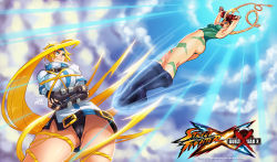 Rule 34 | 2girls, ass, black panties, blonde hair, blue eyes, bodypaint, boots, braid, breasts, cameltoe, cammy white, camouflage, cleft of venus, cloud, cloudy sky, crossover, darkereve, dress, elbow gloves, emphasis lines, fingerless gloves, flying kick, gloves, guilty gear, hair bondage, headband, highres, kicking, knee boots, large breasts, leotard, long hair, millia rage, multiple girls, panties, prehensile hair, short dress, sky, street fighter, thick thighs, thighs, thong leotard, trait connection, twin braids, underwear, upskirt, very long hair