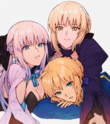 Rule 34 | 3girls, ahoge, artoria pendragon (all), artoria pendragon (fate), black bow, black dress, black ribbon, blonde hair, blue dress, blue eyes, blue ribbon, bow, braid, breasts, cleavage, closed mouth, commentary, dark persona, dress, dual persona, fate/grand order, fate/stay night, fate (series), fingernails, french braid, green eyes, grey hair, hair bow, hair bun, hair ribbon, juliet sleeves, kulissara-aung, long hair, long sleeves, looking at viewer, medium breasts, morgan le fay (fate), multiple girls, open mouth, puffy sleeves, ribbon, saber (fate), saber alter, short hair, siblings, sidelocks, simple background, single hair bun, sisters, twitter username, two-tone dress, white background, white dress, yellow eyes