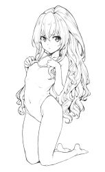 Rule 34 | 1girl, aisaka taiga, barefoot, covered navel, female focus, flat chest, full body, greyscale, hair between eyes, highleg, highleg swimsuit, highres, kneeling, long hair, looking at viewer, monochrome, mushi024, one-piece swimsuit, simple background, solo, swimsuit, toradora!, wavy hair, white background