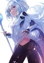 Rule 34 | 1girl, ahoge, ass, black gloves, black pants, breasts, closed mouth, fate/grand order, fate/prototype, fate (series), fingerless gloves, gloves, highres, holding, holding staff, long hair, long sleeves, looking at viewer, merlin (fate/prototype), merlin (fate/prototype) (second ascension), pants, purple eyes, robe, simple background, small breasts, smile, staff, thighs, uenoryoma, very long hair, white background, white hair, white robe, wide sleeves