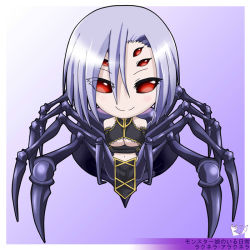 Rule 34 | 10s, 1girl, arachne, arthropod girl, breasts, carapace, character name, chibi, copyright name, crossed arms, detached sleeves, extra eyes, eyes visible through hair, full body, gradient background, hair over one eye, insect girl, large breasts, light purple hair, monster girl, monster musume no iru nichijou, multiple legs, navel, pelvic curtain, rachnera arachnera, red eyes, rikuto kemo, smile, solo, spider girl, taur, underboob