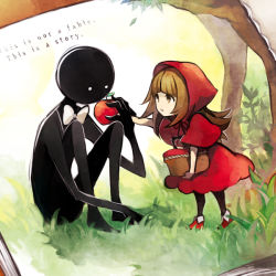 Rule 34 | 1girl, apple, basket, boots, brown hair, cosplay, deemo, deemo (character), dress, english text, fable (deemo), food, fruit, alice (deemo), giving, grimm&#039;s fairy tales, hk (nt), hood, little red riding hood, little red riding hood (grimm), little red riding hood (grimm) (cosplay), red dress, religious offering