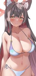 Rule 34 | 1girl, absurdres, animal ear fluff, animal ears, bikini, blue archive, blush, breasts, brown hair, cleavage, closed mouth, collarbone, colored inner hair, commentary request, extra ears, halo, halterneck, highres, large breasts, long hair, looking at viewer, metsu end, multicolored hair, official alternate costume, red hair, red halo, side-tie bikini bottom, simple background, smile, solo, string bikini, swimsuit, wakamo (blue archive), wakamo (swimsuit) (blue archive), white background, white bikini, yellow eyes