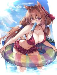 Rule 34 | 1girl, animal ears, bare arms, bare shoulders, beads, bikini, blue sky, breasts, brown hair, cleavage, collarbone, daiwa scarlet (trifle vacation) (umamusume), daiwa scarlet (umamusume), day, food, food in mouth, frilled bikini, frills, hair beads, hair between eyes, hair intakes, hair ornament, hair ribbon, highres, horse ears, horse girl, horse tail, innertube, large breasts, leaning forward, long hair, looking at viewer, misoni (mi so ni t), navel, official alternate costume, outdoors, popsicle, red bikini, red eyes, red ribbon, ribbon, sky, solo, summer, sunlight, swim ring, swimsuit, tail, twintails, umamusume, very long hair, wading