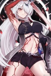Rule 34 | 1girl, absurdres, acheron (honkai: star rail), arm up, armpits, bare shoulders, black shorts, breasts, brulee, cleavage, coat, commentary, cowboy shot, crop top, grey coat, hair over one eye, highres, holding, holding sword, holding weapon, honkai: star rail, honkai (series), katana, large breasts, long hair, looking at viewer, midriff, navel, official alternate color, open clothes, open coat, red eyes, short shorts, shorts, solo, standing, stomach, stomach tattoo, sword, tattoo, thighs, very long hair, weapon, white hair