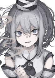 Rule 34 | 1girl, absurdres, breasts, cigarette, grey eyes, grey hair, hair between eyes, hat, highres, hisha (kan moko), holding, holding cigarette, long hair, looking at viewer, mononobe no futo, open mouth, shirt, sidelocks, simple background, small breasts, smoke, smoking, solo, tate eboshi, touhou, upper body, white background