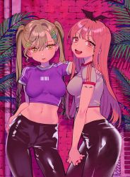 Rule 34 | 2girls, :p, arm on another&#039;s shoulder, ass, blush, breasts, crop top, earrings, hair ornament, hairclip, hand on own hip, highres, jewelry, long hair, midriff, multiple girls, navel, open mouth, original, parted lips, pink eyes, pink hair, plant, sakura yuki (clochette), smile, teeth, tongue, tongue out, twintails, yellow eyes
