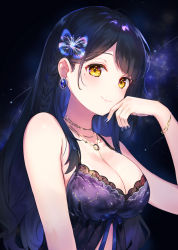 Rule 34 | 1girl, babydoll, bare shoulders, black hair, blue gemstone, blue nails, blue ribbon, blush, bracelet, braid, breasts, butterfly hair ornament, cleavage, closed mouth, collarbone, commentary request, copyright request, earrings, gem, glowing, hair ornament, hand on own cheek, hand on own face, highres, jewelry, large breasts, long hair, looking at viewer, mole, mole under eye, nail polish, necklace, night, night sky, omelet tomato, ribbon, shooting star, side braid, sidelocks, sky, smile, solo, star (sky), starry sky, upper body, very long hair, yellow eyes