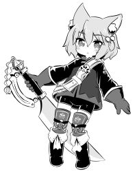 Rule 34 | 7th dragon, 7th dragon (series), :o, animal ear fluff, animal ears, belt, belt buckle, bike shorts, blush, boots, buckle, fighter (7th dragon), fox ears, full body, gloves, grey eyes, grey gloves, grey hair, grey jacket, greyscale, hair between eyes, hair bobbles, hair ornament, harukara (7th dragon), highres, holding, holding sword, holding weapon, jacket, looking at viewer, medium hair, midair, monochrome, multicolored clothes, multicolored footwear, multicolored jacket, naga u, open mouth, revision, shorts, simple background, sword, thighhighs, weapon, white background, white footwear, white thighhighs
