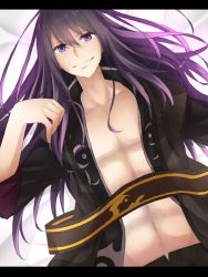 Rule 34 | 00s, 1boy, bad id, bad pixiv id, gradient hair, jacket, letterboxed, long hair, male focus, multicolored hair, open clothes, open shirt, pectorals, purple eyes, purple hair, shirt, smile, solo, taakii kashiwa, tales of (series), tales of vesperia, yuri lowell