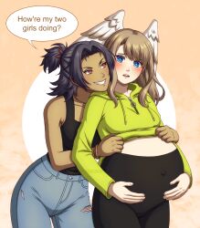 Rule 34 | 2girls, absurdres, adricarra, ashera (xenoblade), black hair, black leggings, black tank top, blue eyes, blush, bracelet, clothes lift, denim, eunie (xenoblade), green hoodie, grin, hands on belly, hands on own stomach, head on another&#039;s shoulder, head wings, highres, hood, hoodie, hoodie lift, jeans, jewelry, leggings, light brown hair, multiple girls, necklace, pants, ponytail, pregnant, red eyes, smile, tank top, torn clothes, torn jeans, torn pants, white wings, wings, xenoblade chronicles (series), xenoblade chronicles 3