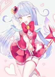 Rule 34 | 1girl, absurdres, arm tattoo, blue hair, blush, bow, bowtie, dress, frilled skirt, frilled vest, frills, garter straps, hair ornament, heart, heart hair ornament, highres, holding, holding wand, layered skirt, lobotomy corporation, long hair, magical girl, one eye closed, open mouth, pink bow, pink bowtie, pink dress, pink footwear, pink nails, pink vest, pleated skirt, project moon, queen of hatred, shoes, sidelocks, skirt, sleeveless, smile, solo, tattoo, thighhighs, two side up, v, very long hair, vest, wand, white thighhighs, y o u k a, yellow eyes