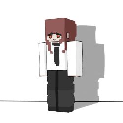 1girl black_necktie black_pants chainsaw_man closed_mouth full_body highres makima_(chainsaw_man) minecraft minecraft_(style) necktie pants red_hair ringed_eyes schonv shadow shirt smile solo standing white_shirt yellow_eyes