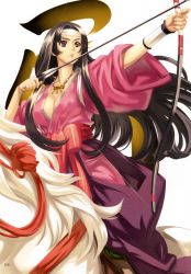 Rule 34 | 1girl, absurdres, archery, arrow (projectile), black hair, bow (weapon), breasts, cleavage, drawing bow, eiwa, headband, highres, holding bow (weapon), horse, horseback riding, japanese clothes, jewelry, large breasts, long hair, mounted archery, necklace, purple hair, riding, solo, very long hair, weapon