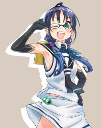 Rule 34 | 1girl, adjusting eyewear, ahoge, armpits, bespectacled, black gloves, black neckerchief, blue-framed eyewear, blue hair, brown background, commentary request, cowboy shot, elbow gloves, glasses, gloves, gradient ribbon, green eyes, hair over shoulder, hair ribbon, hand on own hip, highres, kantai collection, long hair, looking at viewer, low twintails, multicolored ribbon, neckerchief, one eye closed, open mouth, ribbon, school uniform, serafuku, shirt, simple background, skirt, sleeveless, sleeveless shirt, smile, solo, standing, suzukaze (kancolle), twintails, white shirt, white skirt, yokoshima (euphoria)