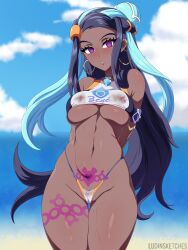 Rule 34 | 1girl, absurdres, adapted costume, armlet, bikini, black hair, blue hair, breasts, creatures (company), crop top, curvy, dark-skinned female, dark skin, earrings, eyeshadow, game freak, hair bun, highres, hoop earrings, jewelry, long hair, looking at viewer, ludinsketches, makeup, medium breasts, mind control, multicolored hair, navel, necklace, nessa (pokemon), nintendo, pecharunt, pokemon, pokemon swsh, pubic tattoo, purple eyes, revision, see-through, single hair bun, solo, sweat, swimsuit, tattoo, thick thighs, thighs, thong, thong bikini, two-tone hair, underboob, undersized clothes, wet, wet clothes