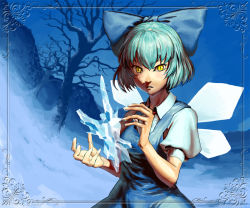 Rule 34 | 1girl, bare tree, blue hair, bow, cirno, framed, hair bow, higashiyama hayato, hill, ice, ice wings, short hair, short sleeves, slit pupils, solo, touhou, tree, wings, winter, yellow eyes