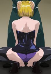 Rule 34 | 1boy, 1girl, ass, bible black, blonde hair, bustier, clothed sex, fellatio, grabbing another&#039;s head, implied fellatio, kitami reika, oral, panties, pants, short hair, spread legs, squatting, underwear, witch