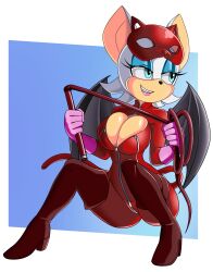 Rule 34 | 1girl, animal ears, bat ears, bat wings, black wings, bodysuit, boots, breasts, cat tail, cosplay, elbow gloves, eye mask, eyelashes, eyeliner, fang, female focus, furry, furry female, gloves, half-closed eyes, high heel boots, high heels, highres, holding, holding whip, knees up, large breasts, lips, lipstick, looking to the side, makeup, persona, persona 5, pink gloves, red bodysuit, red footwear, red mask, rouge the bat, shiny skin, sitting, snout, solo, sonic (series), tail, takamaki anne, takamaki anne (cosplay), thigh boots, thighs, whip, wings, yellowjello, zipper, zipper pull tab