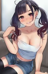 Rule 34 | arm support, black hair, black thighhighs, blunt bangs, blush, breasts, cleavage cutout, clothing cutout, collarbone, commentary request, couch, curly hair, denim, denim shorts, earrings, highres, igarashi kyouhei, indoors, jewelry, long hair, looking at viewer, medium breasts, midriff, mole, mole under eye, navel, on couch, original, purple eyes, shirt, short shorts, shorts, sitting, skindentation, smile, solo, spaghetti strap, strap pull, thighhighs, twintails, white shirt, younger cousin (igarashi kyouhei)