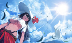 Rule 34 | absurdres, aircraft, airplane, bad id, bad pixiv id, belt, bikini, black bikini, black hair, blouse, blue sky, breasts, cloud, commentary request, crop top, crop top overhang, day, falling leaves, from below, full moon, green eyes, hat, highleg, highleg bikini, highres, ihobus, large breasts, leaf, moon, navel, original, outdoors, parted lips, red skirt, shirt, sidelocks, skirt, sky, smile, solo, stomach, sun, sun hat, sunlight, swimsuit, underboob, white shirt, wind