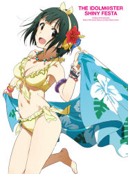 Rule 34 | 1girl, :d, armband, bare shoulders, barefoot, bikini, bracelet, breasts, brown eyes, cleavage, cover, dvd cover, feet, floral print, flower, frilled bikini, frills, green hair, hair flower, hair ornament, hairband, hibiscus, idolmaster, idolmaster (classic), jewelry, leg up, looking at viewer, lots of jewelry, medium breasts, mole, mole under mouth, navel, necklace, official art, open mouth, otonashi kotori, short hair, side-tie bikini bottom, smile, solo, swimsuit, towel, yellow bikini