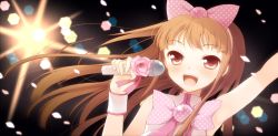 Rule 34 | 1girl, alternate hairstyle, arm up, armpits, bad id, bad pixiv id, bow, brown eyes, brown hair, flower, hair bow, idolmaster, idolmaster (classic), komi zumiko, lens flare, long hair, microphone, minase iori, music, open mouth, rose, singing, smile, solo