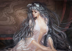 Rule 34 | 1girl, animal ears, breasts, eyelashes, closed eyes, face, highres, large breasts, lips, long hair, nightgown, open clothes, original, silver hair, solo, very long hair, zhang wei yi