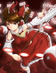 Rule 34 | absurdres, arms behind back, bad id, bad pixiv id, breasts, bullet, card, dress, floating card, hakurei reimu, highres, holding, holding staff, looking at viewer, outstretched arm, red dress, robby kun, short hair, solo, staff, touhou